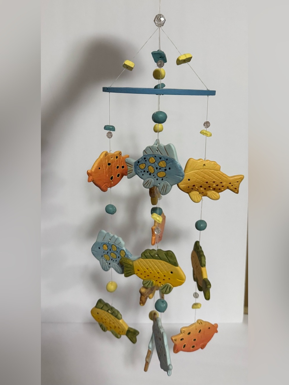 Vintage Handmade Ceramic Fish Mobile Wind Chime Coastal Ocean Hanging Art - NWOT